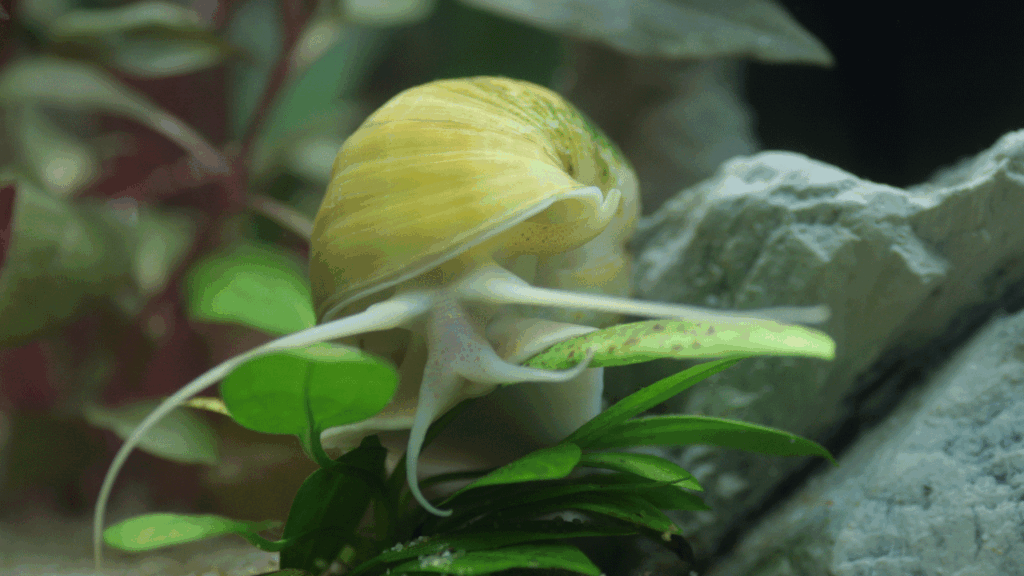 Foto 2: Appelslak (de close up foto van één van de aquariumbewoners).